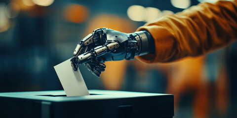 A close-up of a robotic hand casting a vote, representing the intersection of technology, automation, and democratic participation.