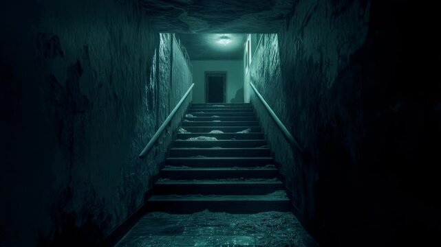 Dilapidated stairwell in an abandoned building, with eerie green lighting casting shadows on the walls, evoking a sense of dread and mystery.