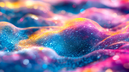 Fototapeta premium abstract colorful iridescent texture with wavy liquid surface, vibrant gradient background with glittering details, macro shot of fluid art in blue pink and yellow colors