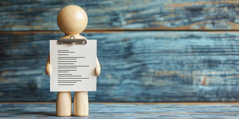 A wooden figure holds a clipboard with a resume, symbolizing job applications, career opportunities, and personal qualifications