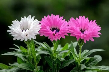 Obraz premium Centaurea Dealbata (Persian Cornflower) blooming in a wildflower meadow, with its soft pink and white petals standing out against the greenery