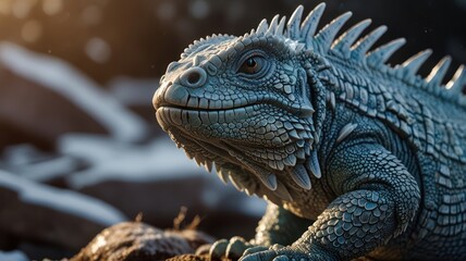 Obraz premium A close-up portrait of a blue iguana, a reptile native to the Caribbean, with a blurred background.