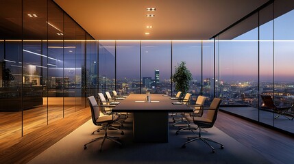 Fototapeta premium Modern Conference Room with City View at Dusk
