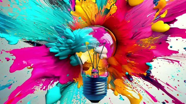 Creative concept light bulb explodes with colorful water colors on a light white background. Think different, creative idea. Productivity and creativity 4k video