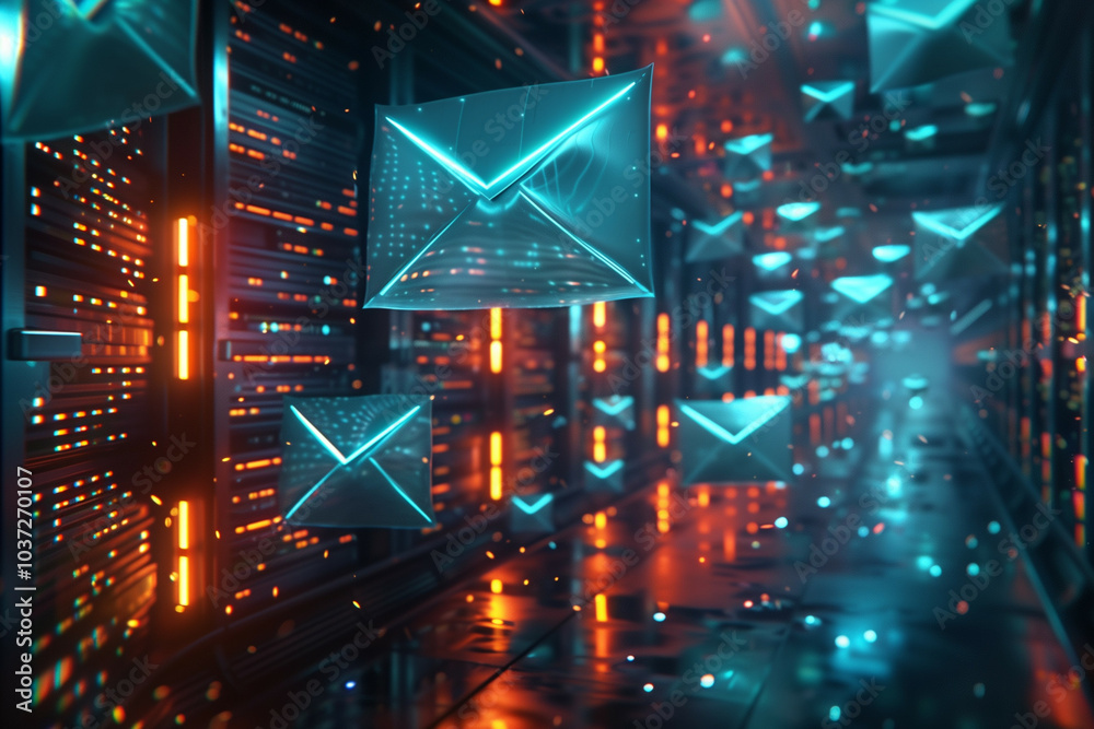 Wall mural a visually striking depiction of digital communication envelopes floating in a futuristic server roo