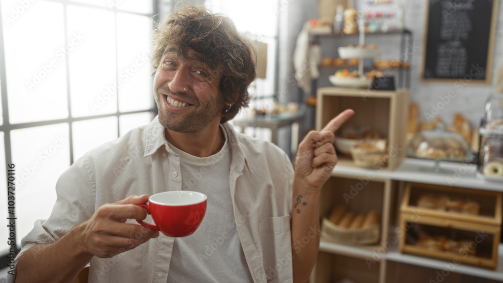 Wall mural handsome man smiling and holding a red coffee cup while pointing inside a cozy bakery with fresh pas