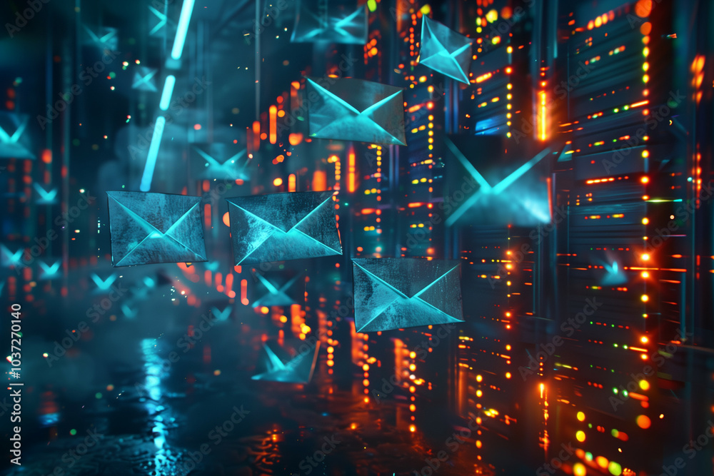 Wall mural futuristic cyber environment with digital envelopes floating in a glowing data center