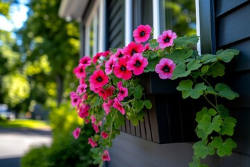 Naklejka premium Geraniums spilling over from a window box, with vibrant blooms trailing down the side of the house