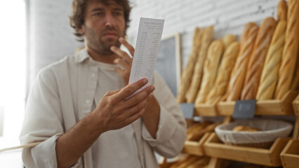 Young man checking receipt indoors at a bakery shop surrounded by fresh bread and a rustic interior