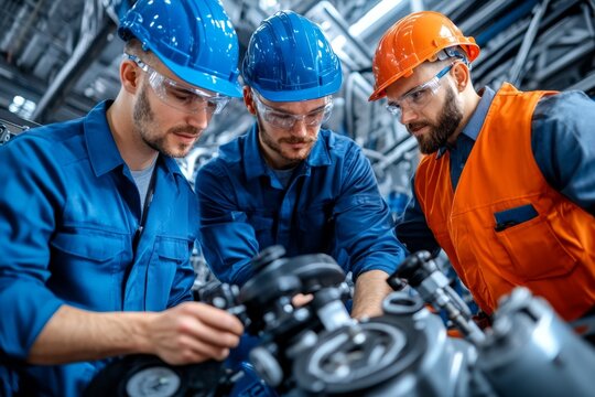 Engineers working together on a large hydraulic system in a factory, fine-tuning the controls and checking for precision