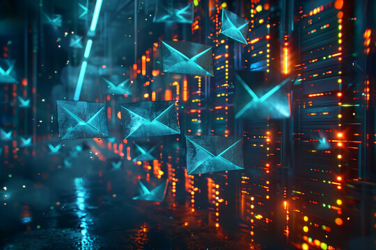 Futuristic Cyber Environment with Digital Envelopes Floating in a Glowing Data Center