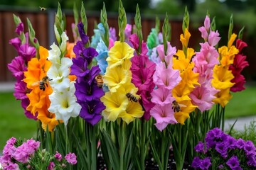 Gladiolus flowers blooming in a colorful garden bed, with bees buzzing around the tall spikes