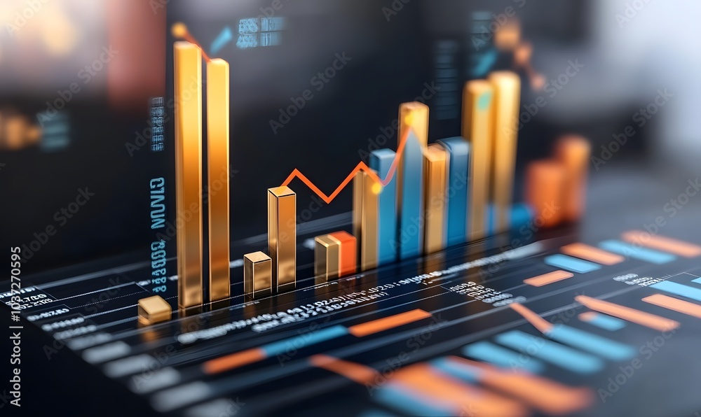 Poster A vibrant digital display showcasing multicolored bar graphs and line charts, representing data analysis and financial trends.