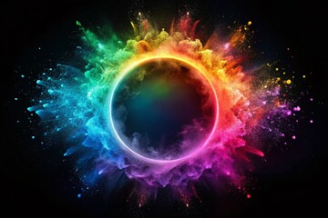 Obraz premium Iridescent Multicolored Particle Explosion with Bokeh Effect for Vivid Rainbow Animation and Logo Space