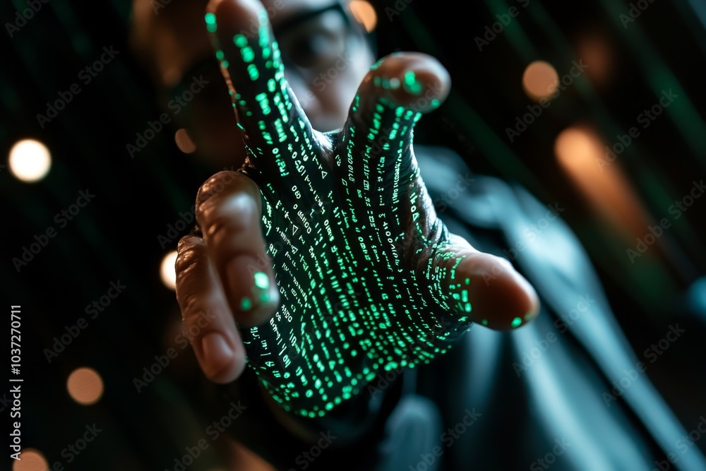Poster Hacker, bypassing encryption with a decryption program, with intense green code scrolling across multiple screens