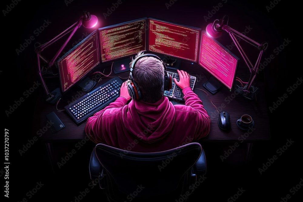 Poster Hacker, depicted in a gothic style, accessing dark web data through ancient-looking computer terminals, with shadows and glowing screens