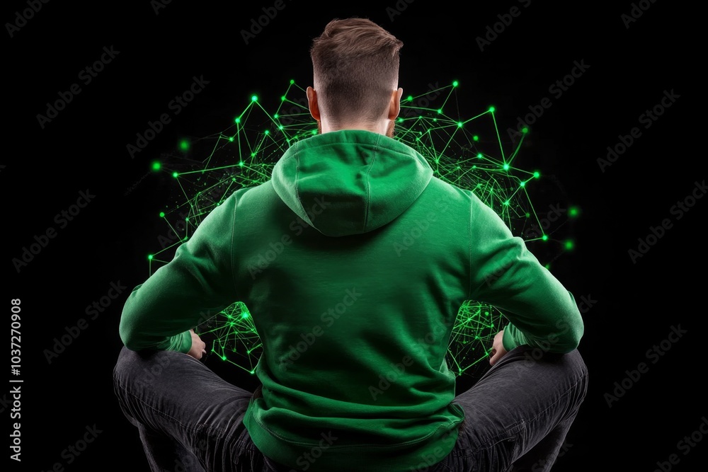 Poster Hacker, displayed in a minimalist, abstract design, sitting in front of a glowing screen with simple lines of green code