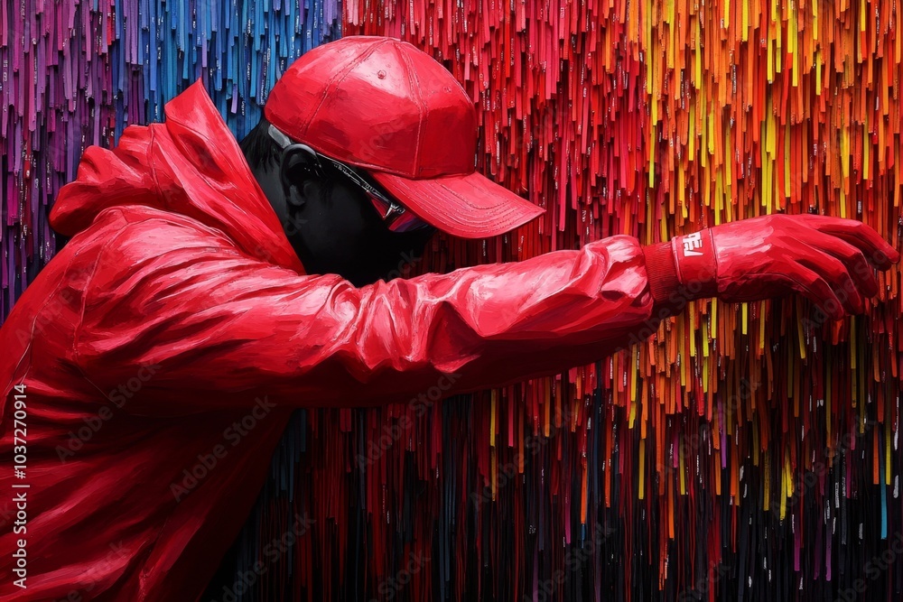 Poster Hacker, depicted in watercolor, surrounded by abstract flowing colors representing digital data, encryption, and code