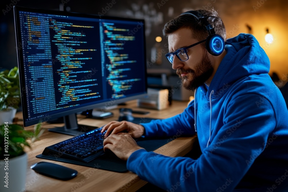 Poster hacker, infiltrating a corporate mainframe, with swirling digital numbers and lines of code on dark 