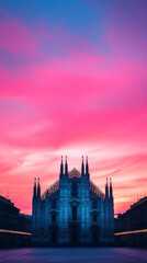 Obraz premium A majestic cathedral stands tall against a vibrant pink and blue sunset.