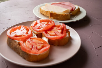cultural spanish snack meat, cheese and tomato tapas sandwiches