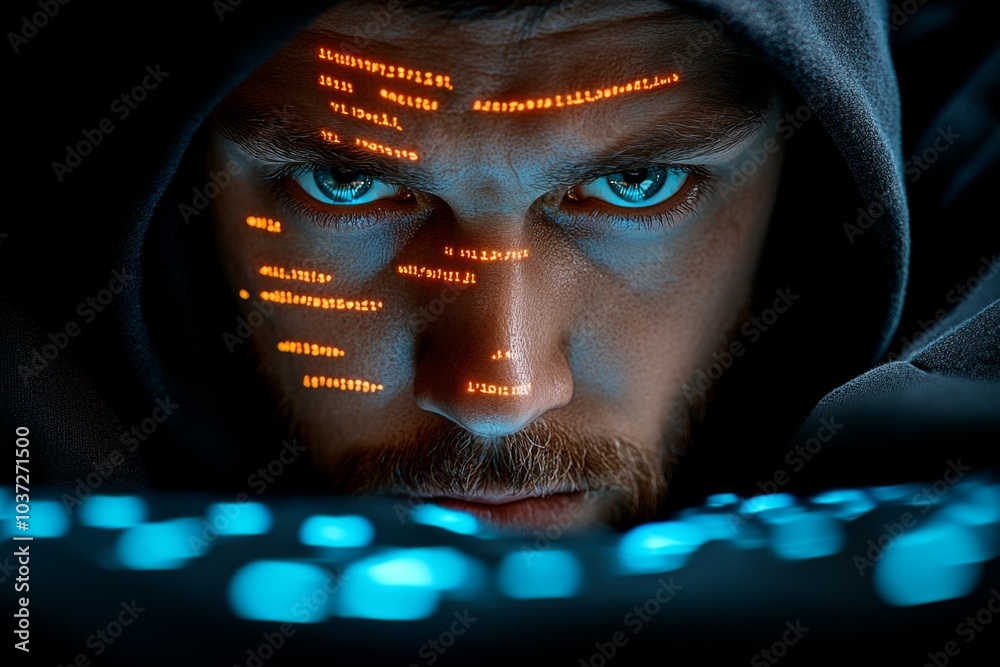 Poster Hacker, wearing a black hoodie, accessing sensitive data through a computer screen, with lines of code reflected on their face