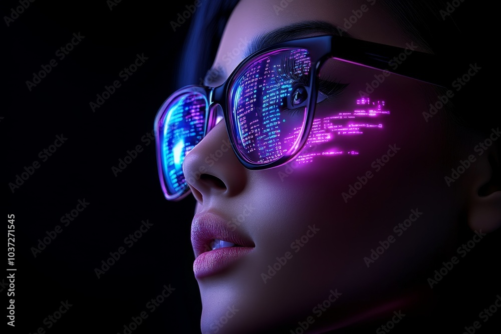 Aufkleber Hacker, visualized in hyper-realistic style, with digital code reflected on glasses, showing the intricate details of the hacking environment