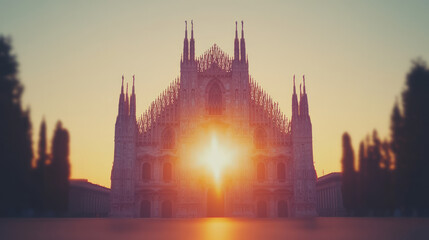 Fototapeta premium A stunning sunset bathes the facade of a grand cathedral in golden light.