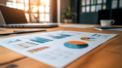 A close-up of a printed report on a wooden desk, displaying colorful graphs and charts, with a laptop and coffee cup in the background.