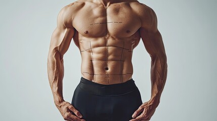 Fototapeta premium Hand, drawing and marker outline for six pack and transformation treatment on studio Hand, drawing and marker outline for six pack and transformation treatment on studio background