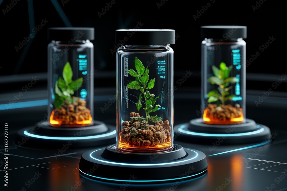 Poster herbal extracts, visualized in a futuristic lab with glowing bottles of herbal tinctures, surrounded