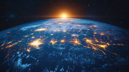 Night planet earth from space with light lines of communication and connection