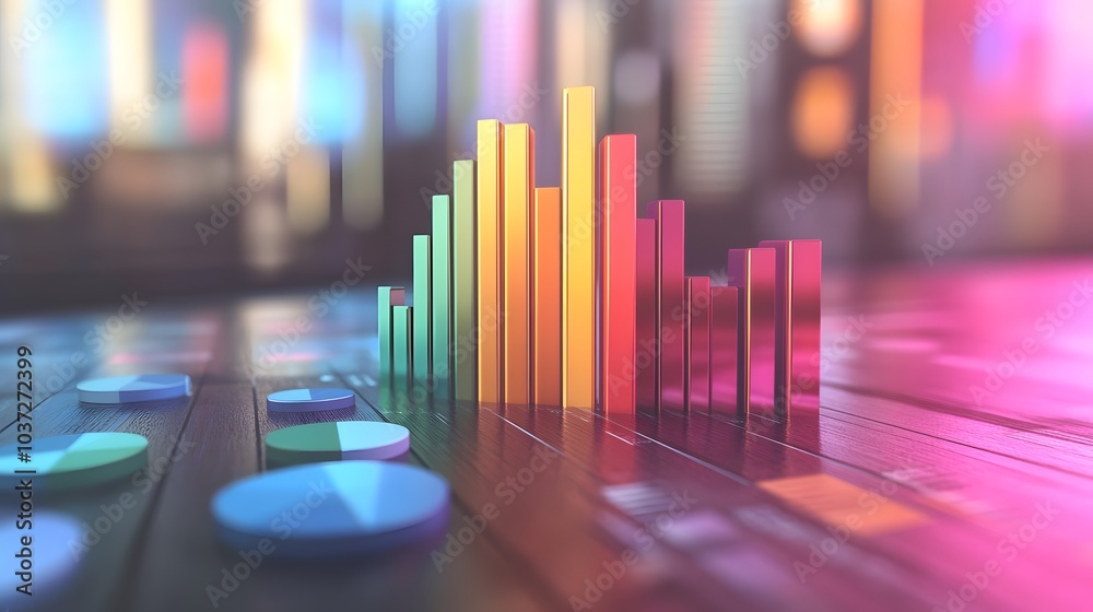 Fototapete A vibrant visual representation of data in bar graph format, showcasing various colored bars and circular figures on a digital interface.