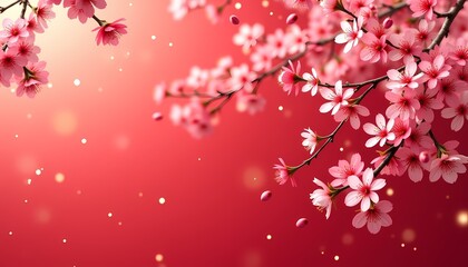Cherry blossom branches with pink flowers on a red gradient background with sparkling bokeh and copy space