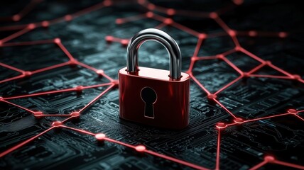 Red padlock on a digital network background, symbolizing cybersecurity.