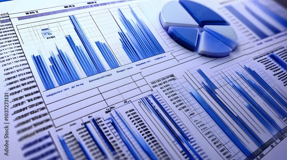 Poster A collection of blue bar graphs and a pie chart, representing data analysis and statistical information in a visually engaging format.