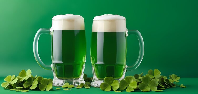 Two glasses of green beer with clovers on a vibrant green background for St. Patrick's Day celebrations