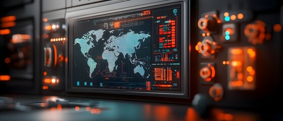 Cutting edge AI driven logistics control center with holographic world map dynamic data visualization and advanced monitoring systems for seamless of digital and physical supply chain infrastructure