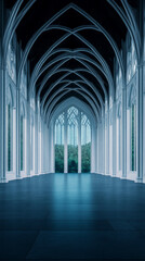 Obraz premium A grand white cathedral interior with tall arches and stained glass windows.