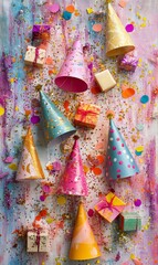 Fototapeta premium Colorful party hats & gifts on confetti background.