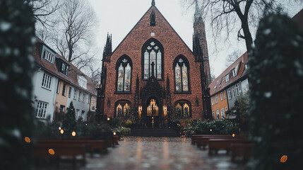 Obraz premium A grand church with a brick facade and stained glass windows stands tall in a neighborhood setting.