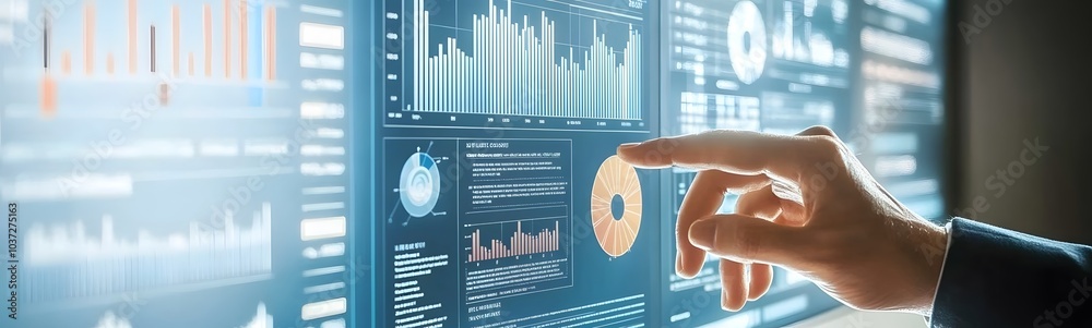 Poster A person interacts with a digital dashboard displaying various data visualizations, graphs, and charts in a modern, high-tech environment.