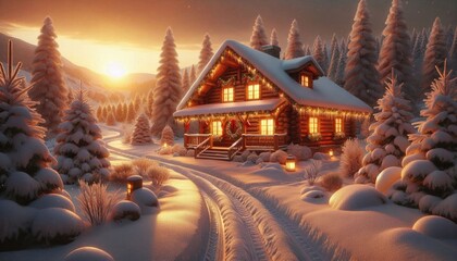 Fototapeta premium Cozy Log Cabin in a Snowy Forest at Sunset: Warm Christmas Lights, Glowing Windows, and Lantern-Lined Path Creating a Magical Winter Wonderland Atmosphere with Tire Tracks in Snow