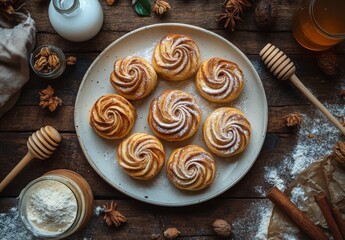 Freshly baked cinnamon rolls served on a decorative plate with powdered sugar on top
