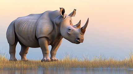 Obraz premium A majestic rhinoceros stands gracefully in a serene landscape, showcasing its distinctive features against a soft, pastel background.