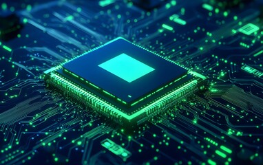 A futuristic microchip on a circuit board, illuminated with green light, showcasing intricate electronic pathways and technology.