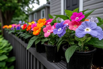 Fototapeta premium Impatiens flowers growing alongside a garden fence, their vibrant colors providing a stunning contrast against the green foliage