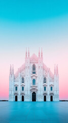 Obraz premium A white cathedral stands tall against a bright blue and pink sky.