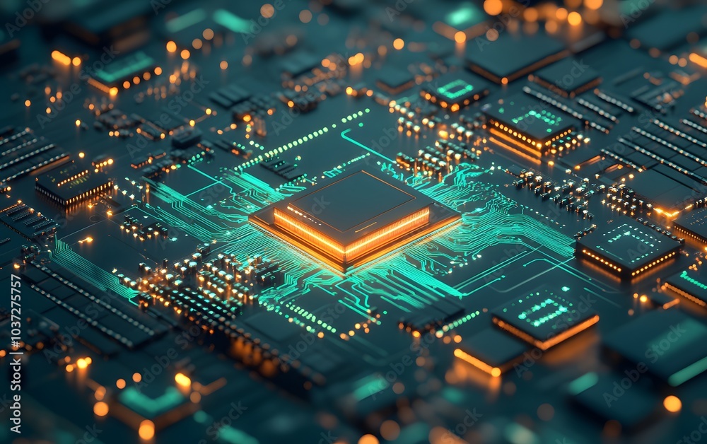 Poster A vibrant close-up of a microchip and circuit board, showcasing intricate patterns and glowing elements, symbolizing advanced technology and innovation.