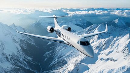 Fototapeta premium A private jet cruising over snow-capped mountains during winter.